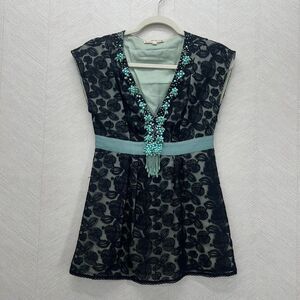 Nanette Lepore Black Lace Beaded Turquoise Fringe V-Neck Blouse Top Womens 2